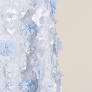 Close-up of light blue mesh dress featuring 3D floral appliqués and pearl centers