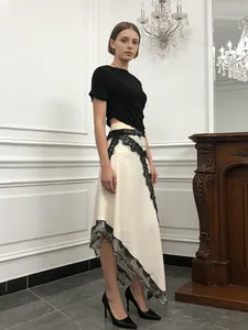 Elegant cream lace patchwork asymmetric long dress with waist cut-out for spring