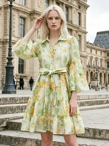 French style floral print shirt dress with tiered skirt and waist tie for summer