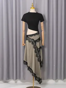 Elegant two-piece style cut-out waist dress with asymmetrical black lace hem midi skirt