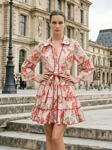 French style floral shirt dress with cherry print and tiered ruffles for summer 2026