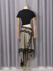 Elegant and sexy waist-hollow dress for women featuring asymmetric hem and black lace trim