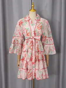 French style pink cherry print shirt dress with ruffled sleeves and tiered skirt