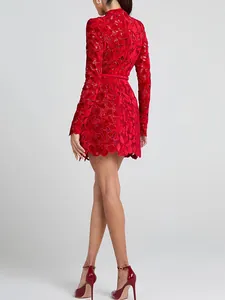 Elegant red long-sleeved dress with floral lace hollow-out design and slim fit cut