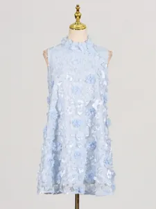 Elegant sweet light blue sleeveless dress featuring 3D floral appliqués and pearl bead details