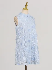 Sweet light blue sleeveless mini dress with 3D floral appliqués and pearl details