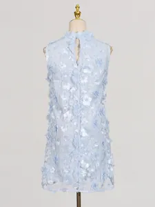 Elegant light blue sleeveless mini dress with 3D floral appliqués and pearl accents.