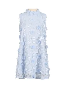 Light blue sleeveless mini dress with 3D floral appliqués and pearl accents, summer style