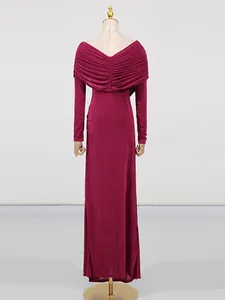 Elegant burgundy long sleeve maxi dress with stylish back ruching detail for women