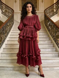 Elegant wine red French retro pleated maxi dress with tiered ruffles and lantern sleeves