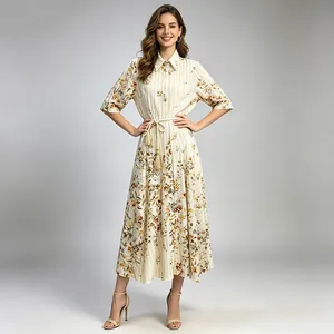 Elegant French pastoral floral midi shirt dress with tassel waist belt for women