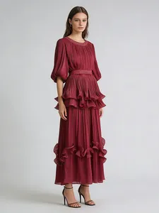 Elegant burgundy French vintage pleated maxi dress with tiered ruffles and cinched waist