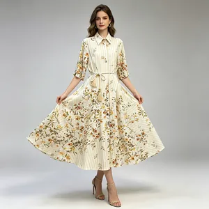 Elegant French style floral print shirt dress with a belted waist for the summer season