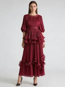 Elegant wine red pleated maxi dress with tiered ruffles and puffed balloon sleeves