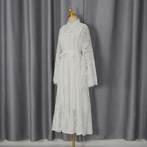 Elegant white lace long-sleeved maxi dress with waist tie and stylish flared cuffs