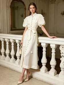 Robe Maxi Style Français Doux Floral Patchwork Fleur 3D Manches Bouffantes Col Montant Taille Haute Pour Femmes Été