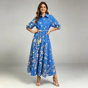 Full view of blue floral striped French pastoral maxi dress with rope belt on model