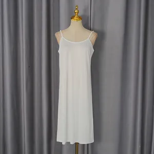 Detail view of a white camisole slip dress on a mannequin with silk-like fabric