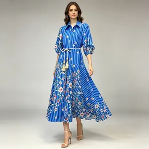 Elegant French style blue striped floral maxi dress with waist tie for 2026 summer fashion