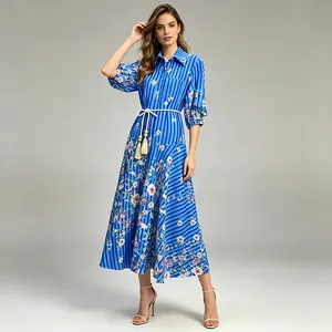 Elegant French pastoral blue striped floral maxi dress with waist tie for summer fashion