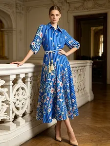 French Pastoral Style Floral Print Polyester Maxi Dress For Women Sweet Splicing Shirt Collar Three-Quarter Sleeve Long Dress For Summer Beach Vacation