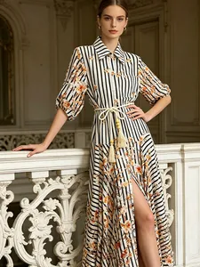 Elegant French style floral striped maxi dress with belted waist and stylish slit skirt
