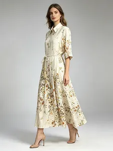Elegant French rural style floral print shirt maxi dress with waist tie for summer wear