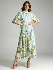 Elegant French pastoral floral striped maxi dress with waist tie for summer season