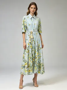 Elegant French style floral striped midi dress with a tassel belt and shirt collar