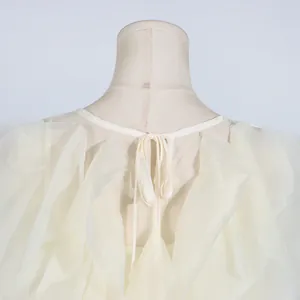 Detailed macro view of sweet style dress back neck with ribbon tie and ruffled tulle texture