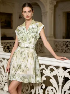 Robe Chemise pour Femmes Imprimé Tropical Palmier Manches Courtes Ceinturée Col en V Été Décontracté Élégant Mode Midi