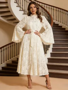 Elegant white floral lace maxi dress with bell sleeves and adjustable waist tie for women