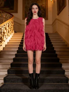 Summer sweet style round neck ruffled patchwork mini dress for women in vibrant bright pink
