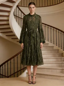 Elegant dark green lace midi dress with long sleeves and a high-neck design for women