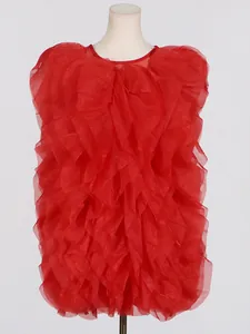 Elegant vibrant red ruffled mini dress featuring layered tulle and round neck design