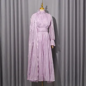 Elegant lavender pleated maxi dress with floral accents for women