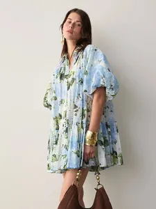 Women's casual Korean style floral print mini dress with puff sleeves and A-line silhouette