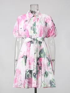 Korean style summer floral print dress with puff sleeves and tie-waist A-line silhouette