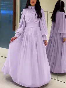 French Style Pleated Maxi Dress Elegant Celebrity 3D Flower High Waist Party Evening Long Lantern Sleeve Dress For Women