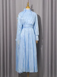 Elegant French style light blue pleated maxi dress featuring shimmering metallic fabric