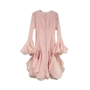 Elegant light pink long sleeve ruffled mermaid dress with bell cuffs and front buttons