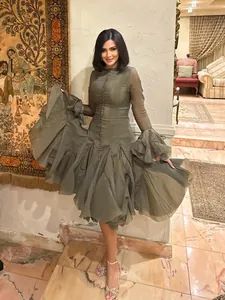 Elegant Long Sleeve Mesh Mermaid Hem Dress Front Button Ruffle Cuffs Slim Fit Party Evening Maxi Dress For Women