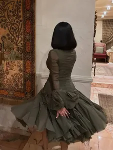 Elegant olive green long sleeve mesh midi dress with ruffled fishtail hem for women