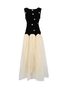 Elegante mouwloze maxi-jurk van zwart fluweel en tule met gebloemde pailletten applicaties