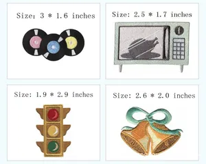 Detailed view of four colorful embroidered patches showing precise sizes in inches for DIY crafts