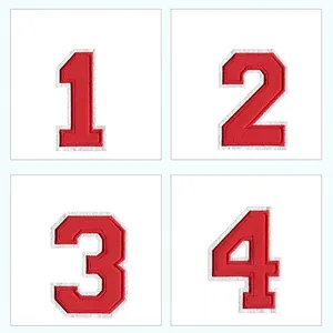 Toppe ricamate con numeri rossi 1-4 con dettagli sulla dimensione di 4,5 pollici