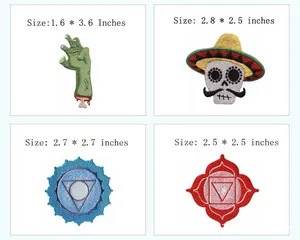 Detailed view of embroidered patches with various patterns and size labels in inches.
