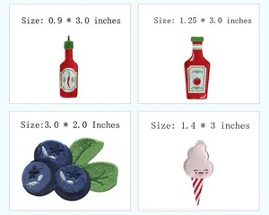 Detailed size specifications for food and fruit themed embroidered iron-on patches