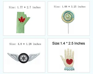 Detail view of 4 embroidery patches including lollipop and wings with dimensions.