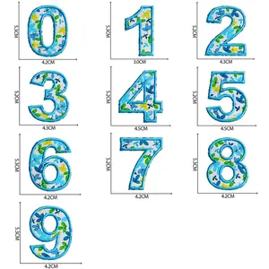 Detailed dimension measurement for blue floral embroidered number patches zero to nine
